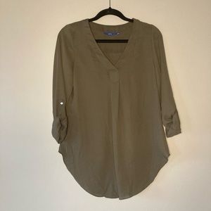 Olive Green Semi Sheer Career Top XS Long Sleeve Roll Tab Button.